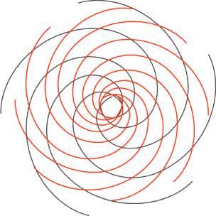 sacred spirals overlaid, one turning clockwise, one turning counter-clockwise